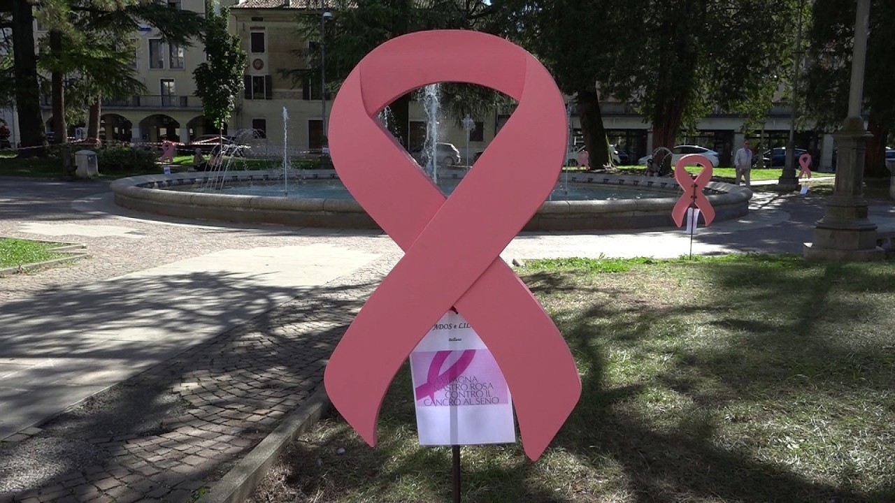 Fiocchi rosa in piazza dei Martiri a Belluno per la campagna di prevenzione del tumore al seno