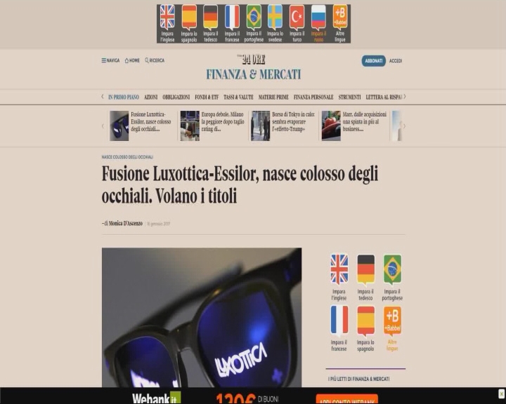 Luxottica “a nozze” con Essilor, nasce gruppo leader mondiale dell'occhialeria