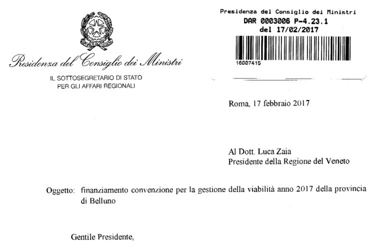 Il Governo scrive a Zaia: “In arrivo dotazioni finanziarie per la gestione delle strade”